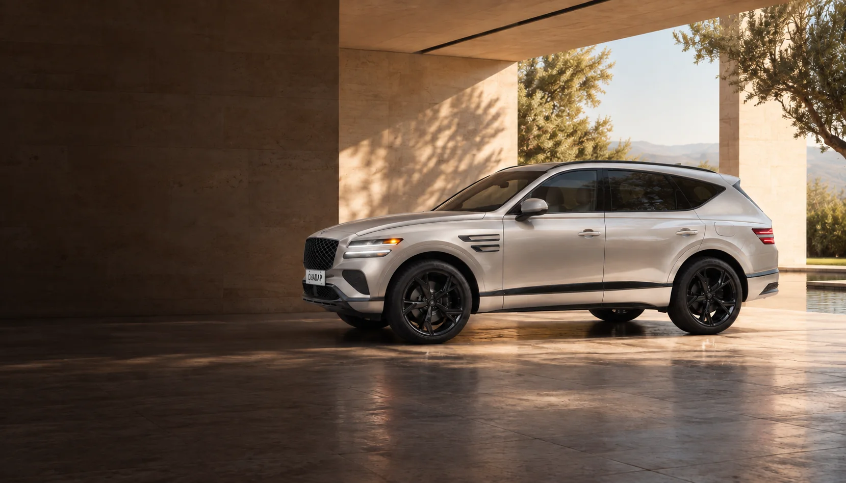 햇살이 비치는 차량 인도 공간의 SUV